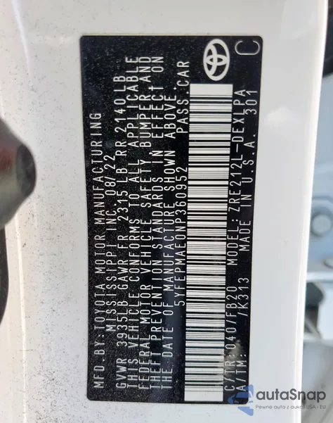 2022 Toyota Corolla Le из США, поврежденный, VIN 5YFEPMAE0NP360952